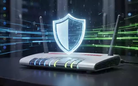 Ein stilisiertes, leuchtendes Schild-Symbol über einem modernen WLAN-Router, der Sicherheit und Datenfluss symbolisiert. - Foto: über boerse-global.de