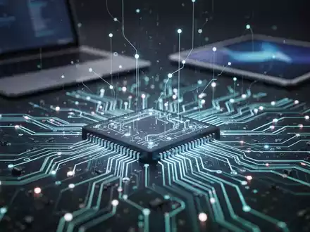 Nahaufnahme eines leuchtenden Mikrochips mit abstrakten, vernetzten Linien, die KI-Datenfluss symbolisieren. Im Hintergrund sind schemenhaft Laptops und Tablets zu erkennen. - Foto: über boerse-global.de