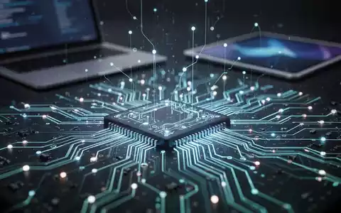 Nahaufnahme eines leuchtenden Mikrochips mit abstrakten, vernetzten Linien, die KI-Datenfluss symbolisieren. Im Hintergrund sind schemenhaft Laptops und Tablets zu erkennen. - Foto: über boerse-global.de