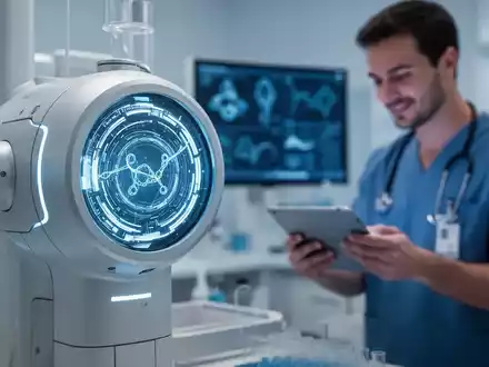 Ein medizinisches Gerät mit blauen Lichtern und ein Arzt, der ein Tablet überprüft, symbolisieren Forschung und Gentherapie. - Foto: über boerse-global.de