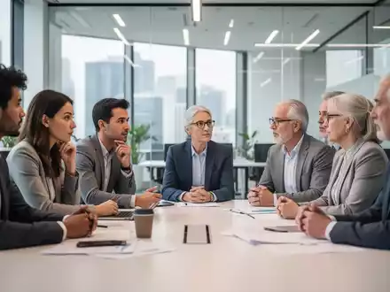 Eine Gruppe von Menschen unterschiedlichen Alters, die an einem Konferenztisch sitzen und diskutieren, symbolisiert den demografischen Wandel. - Foto: über boerse-global.de