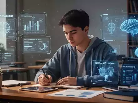 Student arbeitet an einem Schreibtisch, umgeben von digitalen Elementen, die Selbstmanagement und mentale Gesundheit symbolisieren. - Foto: über boerse-global.de