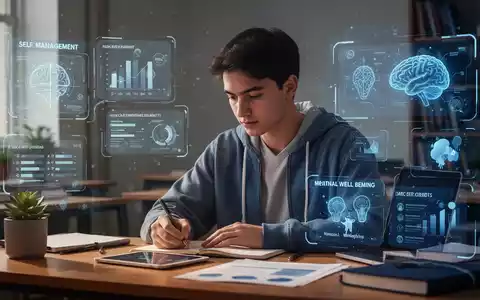 Student arbeitet an einem Schreibtisch, umgeben von digitalen Elementen, die Selbstmanagement und mentale Gesundheit symbolisieren. - Foto: über boerse-global.de
