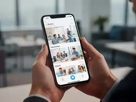 Hände halten ein Smartphone, das eine Foto-Sharing-App anzeigt, mit verschwommenem Hintergrund. - Foto: über boerse-global.de