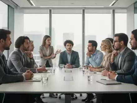 Eine Gruppe von Fachleuten diskutiert in einem modernen Konferenzraum, symbolisch für Weiterbildung und persönliche Entwicklung. - Foto: über boerse-global.de