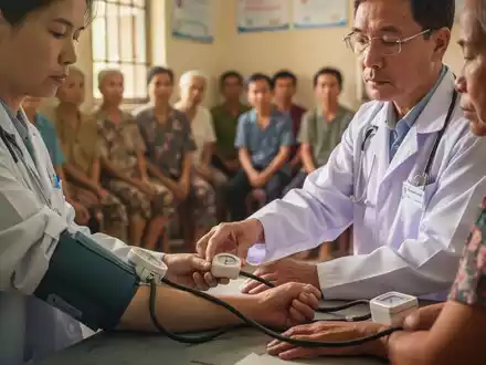 Ein vietnamesischer Arzt in einem weißen Laborkittel misst den Blutdruck eines Patienten in einer Gemeinschaftsgesundheitsklinik in Ha Tinh. - Foto: über boerse-global.de