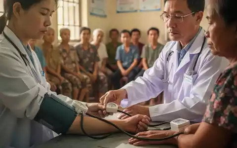 Ein vietnamesischer Arzt in einem weißen Laborkittel misst den Blutdruck eines Patienten in einer Gemeinschaftsgesundheitsklinik in Ha Tinh. - Foto: über boerse-global.de