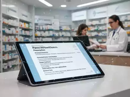 Eine digitale Tablette zeigt ein E-Rezept, umgeben von einem Netzwerk digitaler Verbindungen, das die moderne Gesundheitsinfrastruktur symbolisiert. - Foto: über boerse-global.de
