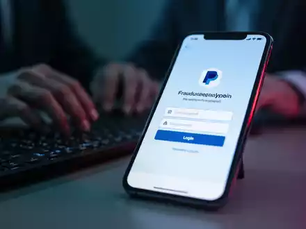 Nahaufnahme eines Smartphones, das eine gefälschte PayPal-Anmeldeseite anzeigt, mit unscharfen Händen im Hintergrund. - Foto: über boerse-global.de