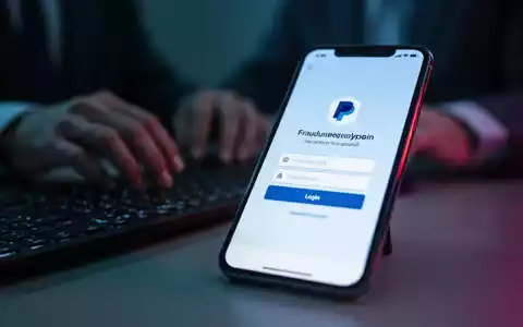 Nahaufnahme eines Smartphones, das eine gefälschte PayPal-Anmeldeseite anzeigt, mit unscharfen Händen im Hintergrund. - Foto: über boerse-global.de