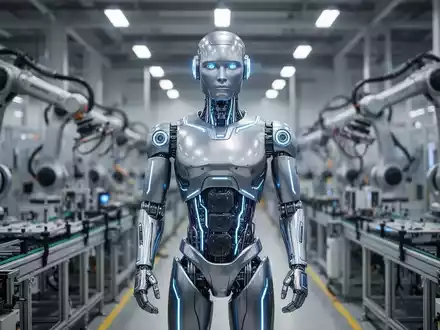 Schlanker humanoider Roboter mit blauen Leuchtakzenten in einer High-Tech-Fabrik. - Foto: über boerse-global.de