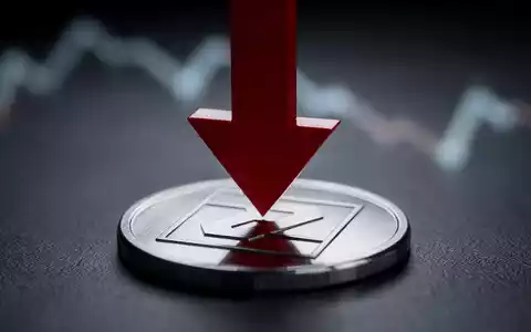 Ein roter Abwärtspfeil durchbohrt eine metallische Münze mit einem Buchstaben-Emblem, auf dunklem Hintergrund. - Foto: über boerse-global.de
