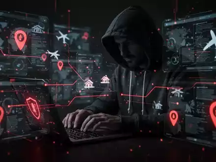 Verschwommene digitale Schnittstellen und Reisesymbole umgeben eine schattenhafte Gestalt im Kapuzenpulli, die auf einem Laptop tippt – Symbol für Cyberbedrohungen. - Foto: über boerse-global.de