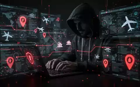 Verschwommene digitale Schnittstellen und Reisesymbole umgeben eine schattenhafte Gestalt im Kapuzenpulli, die auf einem Laptop tippt – Symbol für Cyberbedrohungen. - Foto: über boerse-global.de