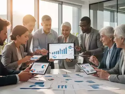 Eine vielfältige Gruppe von Menschen, die gemeinsam Finanzdiagramme und digitale Tablets in einem modernen Büro überprüfen. - Foto: über boerse-global.de