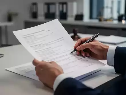 Hände halten offizielle Dokumente und einen Stift, um sie zu unterschreiben oder zu prüfen, auf einem Schreibtisch. - Foto: über boerse-global.de