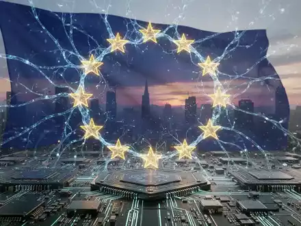 Eine futuristische europäische Landschaft mit einer stilisierten EU-Flagge, die aus neuronalen Netzwerken besteht, über einer Silizium-Stadt. - Foto: über boerse-global.de