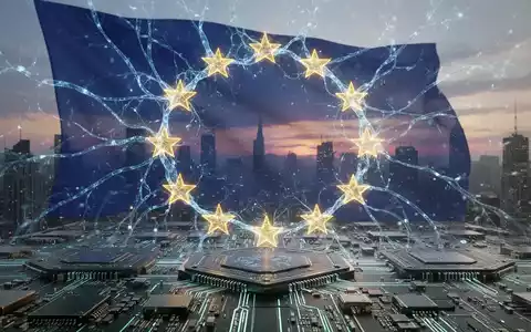 Eine futuristische europäische Landschaft mit einer stilisierten EU-Flagge, die aus neuronalen Netzwerken besteht, über einer Silizium-Stadt. - Foto: über boerse-global.de