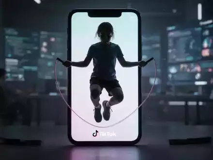 Eine junge Person springt Seil vor einem verschwommenen Smartphone-Bildschirm, der die TikTok-App anzeigt. - Foto: über boerse-global.de