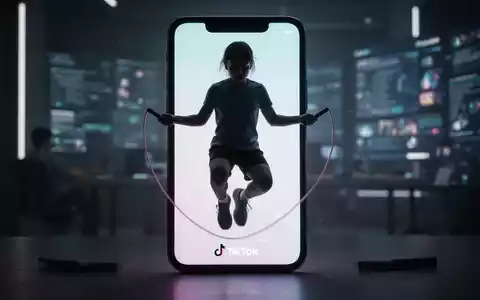 Eine junge Person springt Seil vor einem verschwommenen Smartphone-Bildschirm, der die TikTok-App anzeigt. - Foto: über boerse-global.de