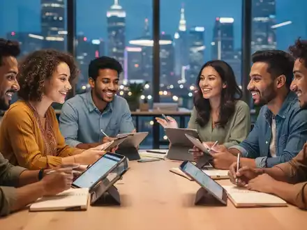 Eine Gruppe unterschiedlicher Menschen, die in einem modernen Raum Sprachen lernen, mit digitalen Geräten und Notizbüchern. - Foto: über boerse-global.de