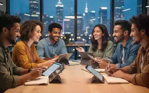 Eine Gruppe unterschiedlicher Menschen, die in einem modernen Raum Sprachen lernen, mit digitalen Geräten und Notizbüchern. - Foto: über boerse-global.de