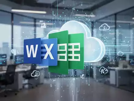 Stilisierte Darstellung von Microsoft Office mit abstrakten Datenströmen und Cloud-Symbolen in moderner Tech-Umgebung. - Foto: über boerse-global.de