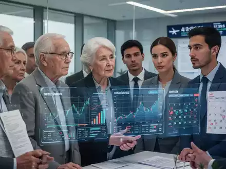 Eine Gruppe von Menschen betrachtet eine digitale Anzeige mit Finanzdaten und einem Kalender, der Veränderungen symbolisiert. - Foto: über boerse-global.de