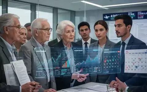 Eine Gruppe von Menschen betrachtet eine digitale Anzeige mit Finanzdaten und einem Kalender, der Veränderungen symbolisiert. - Foto: über boerse-global.de
