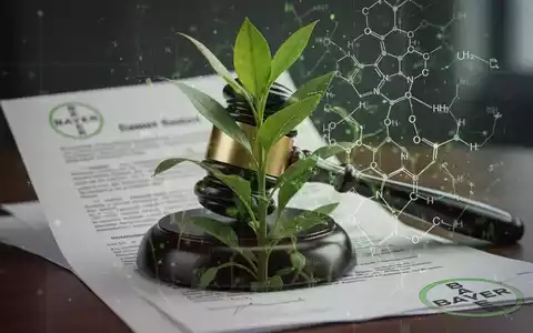 Abstrakte Darstellung eines Gerichtsdokuments oder Hammers, integriert mit einer Pflanze, die den Glyphosat-Sieg von Bayer symbolisiert. - Foto: über boerse-global.de