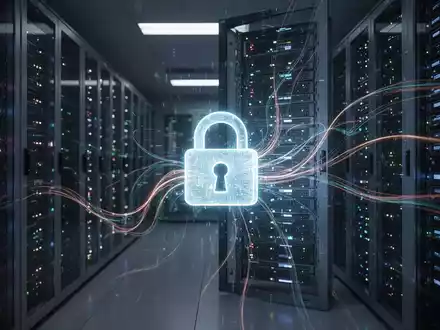 Ein dunkler Serverraum mit blinkenden Serverlichtern. Ein digitales Vorhängeschloss-Symbol über einem Serverrack, das Sicherheitslücken darstellt. - Foto: über boerse-global.de