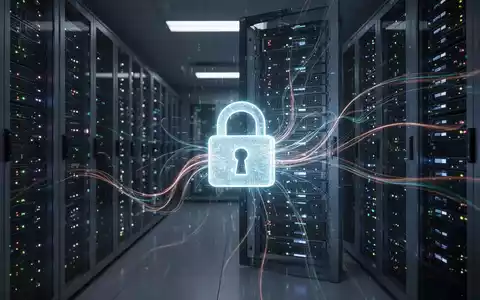 Ein dunkler Serverraum mit blinkenden Serverlichtern. Ein digitales Vorhängeschloss-Symbol über einem Serverrack, das Sicherheitslücken darstellt. - Foto: über boerse-global.de
