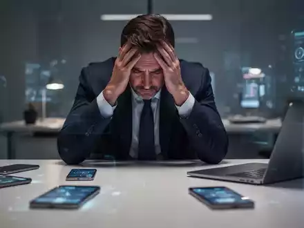 Ein gestresster Geschäftsmann sitzt am Schreibtisch, den Kopf in den Händen, umgeben von verschwommenen digitalen Geräten. - Foto: über boerse-global.de