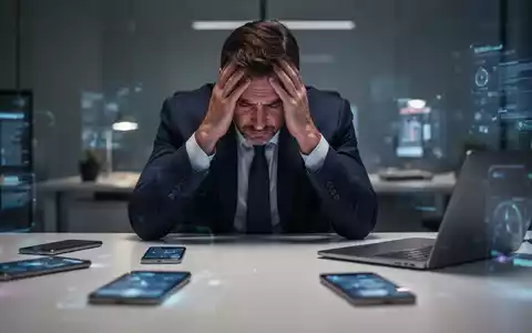 Ein gestresster Geschäftsmann sitzt am Schreibtisch, den Kopf in den Händen, umgeben von verschwommenen digitalen Geräten. - Foto: über boerse-global.de