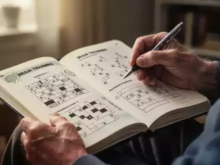Ältere Hände halten ein Übungsbuch mit Gehirntrainingsaufgaben und einen Stift, der zum Schreiben bereit ist. - Foto: über boerse-global.de