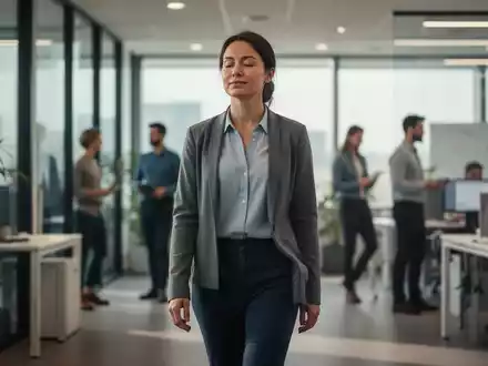 Eine Person macht eine Gehpause in einem modernen Büro, symbolisiert gesunde Alltagsgewohnheiten und Achtsamkeit. - Foto: über boerse-global.de