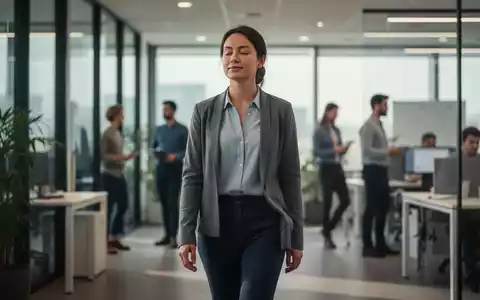 Eine Person macht eine Gehpause in einem modernen Büro, symbolisiert gesunde Alltagsgewohnheiten und Achtsamkeit. - Foto: über boerse-global.de