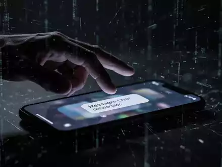 Eine Hand greift nach einem Smartphone, auf dem eine Nachrichtenbenachrichtigung mit digitalen Verzerrungen zu sehen ist, vor dunklem Hintergrund. - Foto: über boerse-global.de