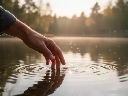 Eine Hand, die sanft in einen ruhigen, sonnenbeschienenen See taucht, mit verschwommenen Bäumen im Hintergrund, die Entspannung symbolisieren. - Foto: über boerse-global.de