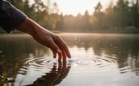 Eine Hand, die sanft in einen ruhigen, sonnenbeschienenen See taucht, mit verschwommenen Bäumen im Hintergrund, die Entspannung symbolisieren. - Foto: über boerse-global.de