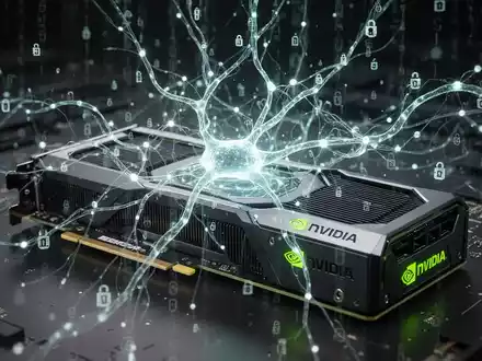 Abstraktes neuronales Netzwerk leuchtet über NVIDIA GPU-Hardware, mit Datenverschlüsselungssymbolen für sichere KI-Verarbeitung. - Foto: über boerse-global.de