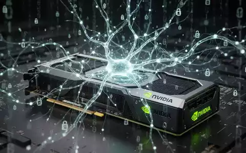 Abstraktes neuronales Netzwerk leuchtet über NVIDIA GPU-Hardware, mit Datenverschlüsselungssymbolen für sichere KI-Verarbeitung. - Foto: über boerse-global.de