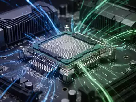 Nahaufnahme einer CPU und GPU auf einem Mainboard, die in blauem und grünem Licht leuchten und fortschrittliche Leistungsüberwachung darstellen. - Foto: über boerse-global.de
