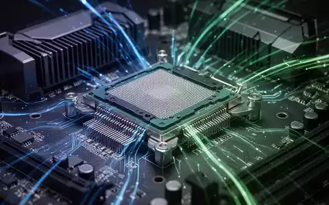 Nahaufnahme einer CPU und GPU auf einem Mainboard, die in blauem und grünem Licht leuchten und fortschrittliche Leistungsüberwachung darstellen. - Foto: über boerse-global.de