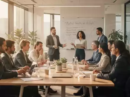 Eine Gruppe von Geschäftsleuten nimmt an einem Wellness-Workshop in einem modernen Büro teil, der auf psychische Gesundheit und Stressabbau abzielt. - Foto: über boerse-global.de