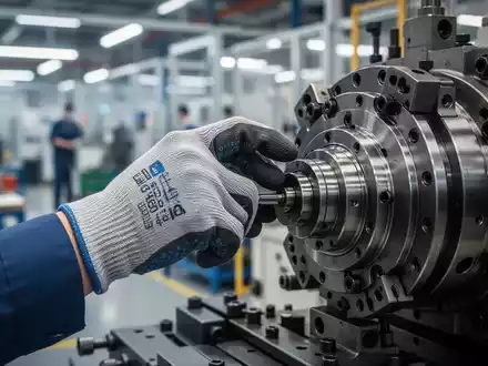 Eine Hand im Schutzhandschuh justiert präzise ein Bauteil einer Industriemaschine in einer modernen Fabrikumgebung. - Foto: über boerse-global.de