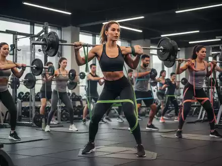 Eine Gruppe von Frauen trainiert in einem modernen Fitnessstudio mit Gewichten und Widerstandsbändern, Fokus auf Krafttraining. - Foto: über boerse-global.de