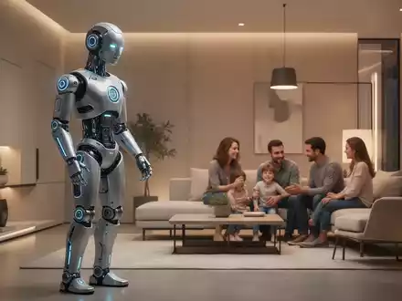 Schlanker humanoider Roboter in einem modernen Wohnzimmer, gestaltet als Begleiter, mit sanftem, indirektem Licht. - Foto: über boerse-global.de