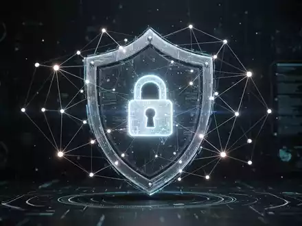 Abstrakte Darstellung von digitalem Risiko- und Compliance-Management mit leuchtenden Datenpunkten und einem Schutzschild um ein Schloss-Symbol. - Foto: über boerse-global.de