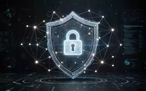 Abstrakte Darstellung von digitalem Risiko- und Compliance-Management mit leuchtenden Datenpunkten und einem Schutzschild um ein Schloss-Symbol. - Foto: über boerse-global.de